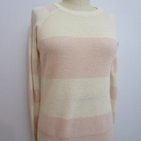 S P Theory Stripe CASHMERE Pullover Knit Sweater Ivory Pink Waffle Raglan - Picture 1 of 8